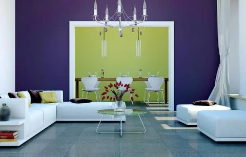 Modern bright loft interior design with sofa and dining table Stock Illustration