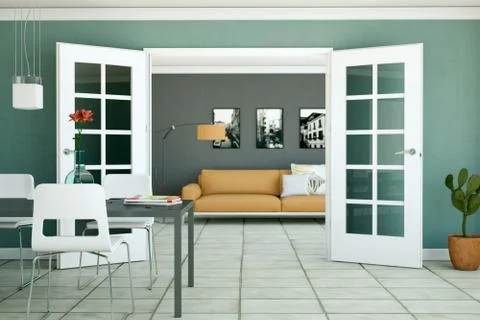 Modern bright loft interior design with sofa and dining table Stock Illustration