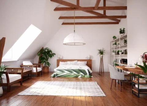 Modern bright open space interior in attic, 3d render Stock Illustration