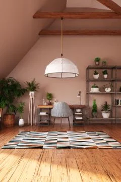 Modern bright open space interior in attic, 3d render Stock Illustration