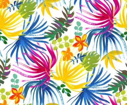 Modern bright seamless pattern with tropical palm leaves and colorful dried Stock Illustration