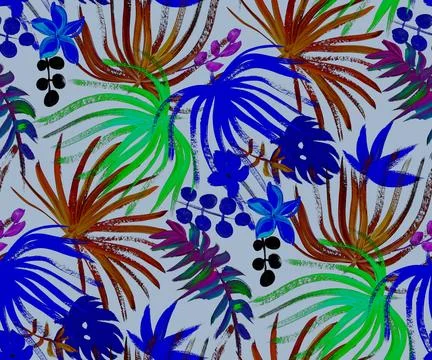 Modern bright seamless pattern with tropical palm leaves and colorful dried Stock Illustration