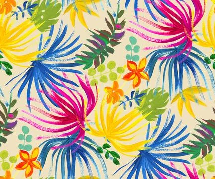 Modern bright seamless pattern with tropical palm leaves and colorful dried Stock Illustration