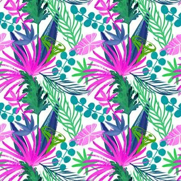 Modern bright seamless pattern with tropical palm leaves and colorful dried Stock Illustration