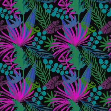 Modern bright seamless pattern with tropical palm leaves and colorful dried Illustrazione stock