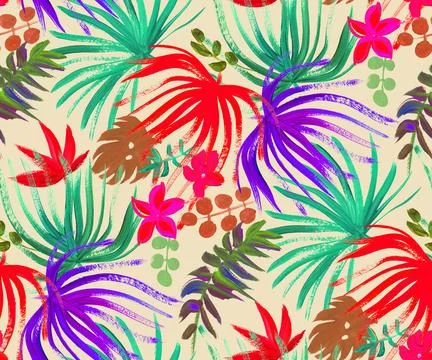 Modern bright seamless pattern with tropical palm leaves and colorful dried Stock Illustration