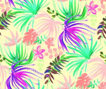 Modern bright seamless pattern with tropical palm leaves and colorful dried Illustrazione stock