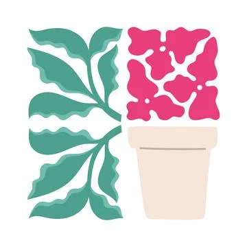 Modern bright trendy vector wall art, print with pink wavy flowers, leaves for Stock Illustration