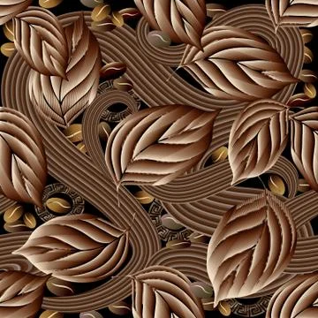 Modern brown 3d coffee beans seamless pattern. Illustrazione stock