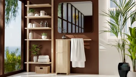 A modern, brown bathroom features a mirror mounted on a brown wall, a woode.. Ilustración de archivo