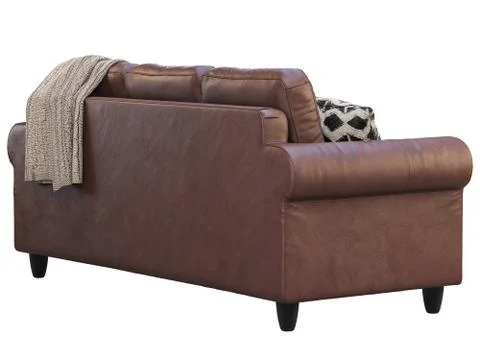 Modern brown leather sofa with pillows and plaid. 3d render Stock Illustration