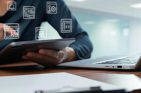 Modern Browser Interface with Digital Icons Displayed on Tablet Stock Photos