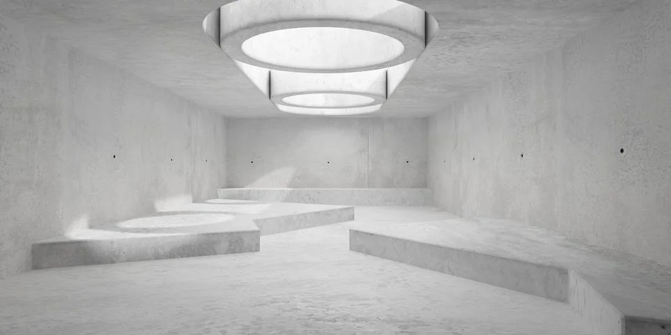 Modern brutalism concrete room with round ceiling openings and irregular pl.. イラスト素材