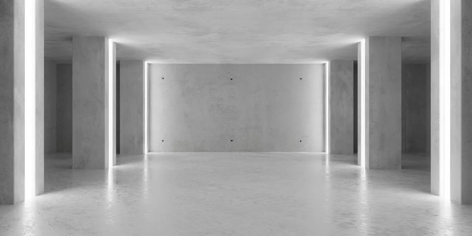 Modern brutalist concrete interior with array of pillars with inset stripe .. Stock Illustration