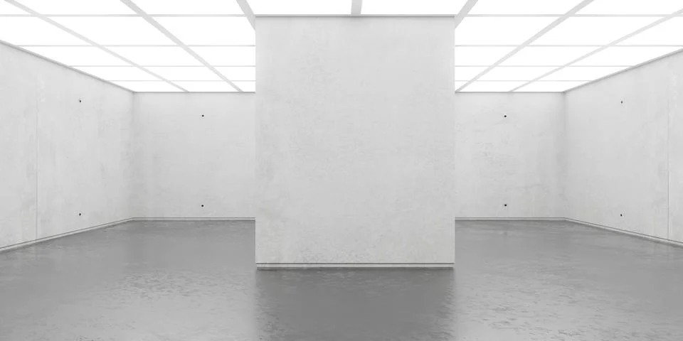 Modern brutalist concrete interior with grid ceiling lights and central pil.. Ilustración de archivo