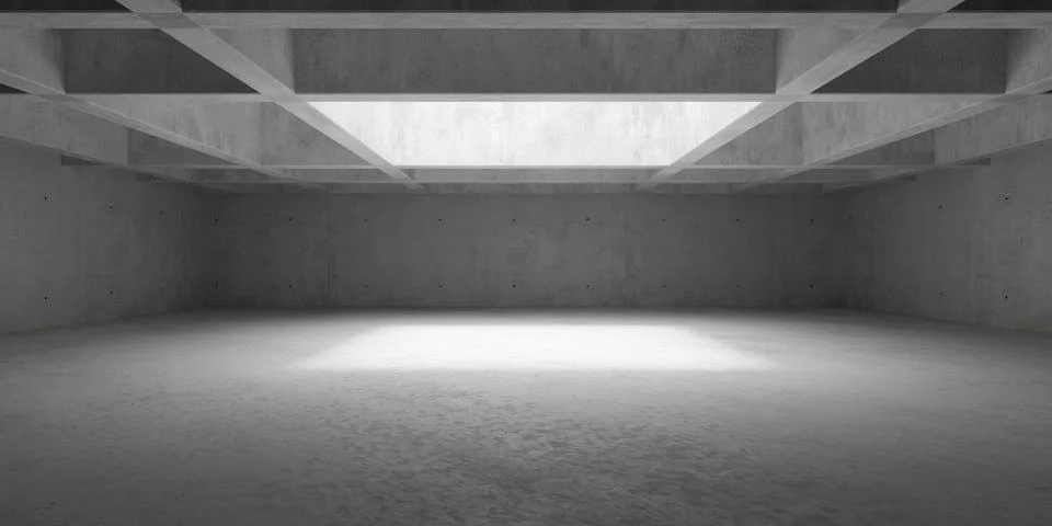 Modern brutalist empty concrete room with ceiling beam grid and central lig.. Stock Illustration