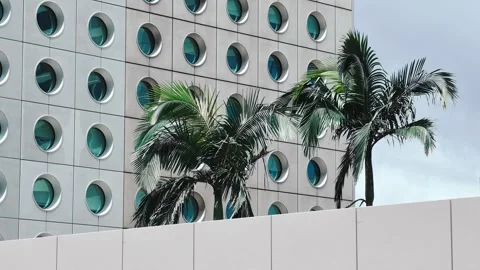A modern building with circular windows reflecting cool hues in a dense urban Stock Footage 338165282