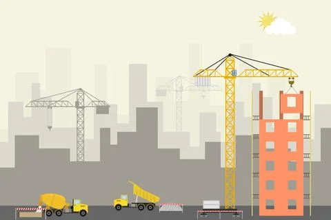 Modern building construction. Construction site with a crane, concrete Stock Illustration