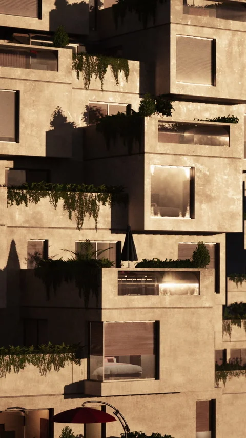 Modern building design with balconies and greenery in urban setting Stock Footage 342168082
