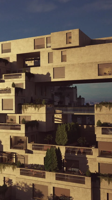 Modern building design in a city during late afternoon light Stock Footage 338349519