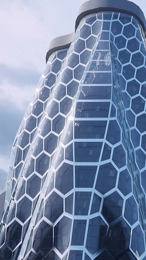 Modern building design features unique honeycomb structure in city Stock Footage 339108167