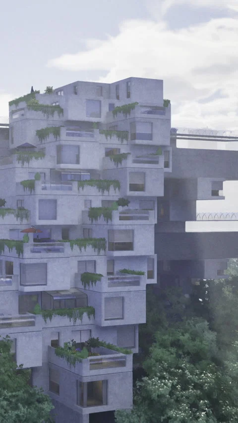 Modern building design featuring green elements in urban setting Stock Footage 330265597