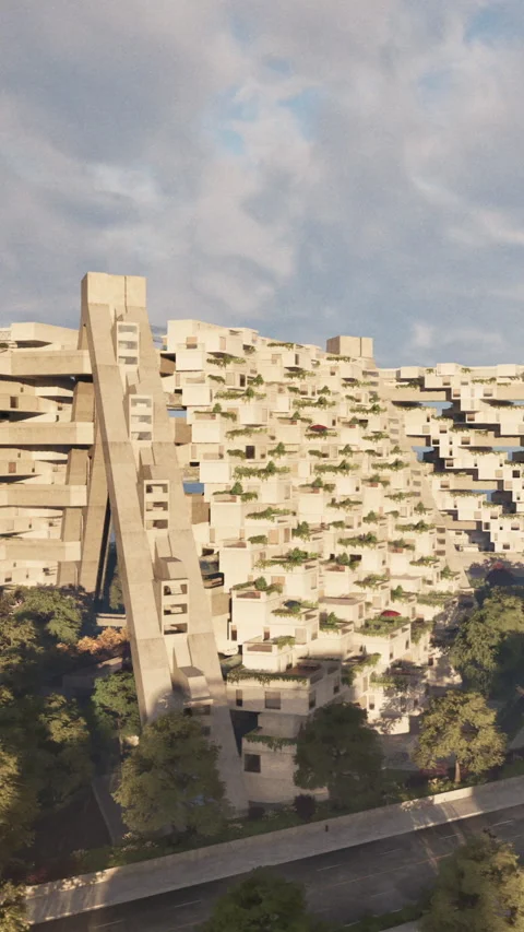 Modern building design featuring plants and unique structure in urban area 库存影片 335354955