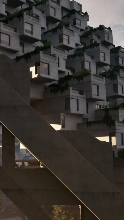 Modern building design featuring stacked concrete units and greenery Stock Footage 340274947