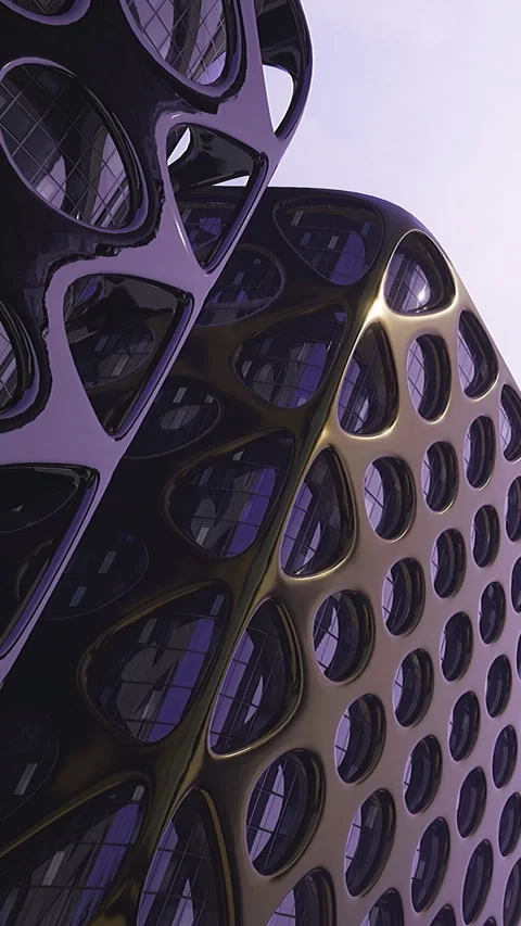 Modern building design featuring unique shapes and patterns in urban setting Stock Footage 335450360
