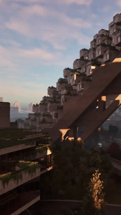 Modern building design with green spaces in urban area at sunrise Stock Footage 335190484