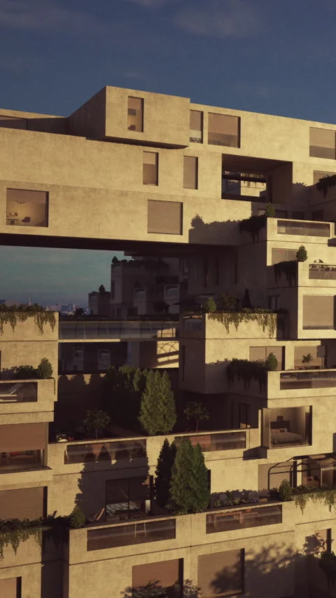 Modern building design with greenery and outdoor spaces in urban setting Stock Footage 338355624