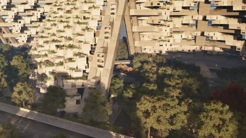 Modern building design with nature integration in urban area Stock Footage 345056433