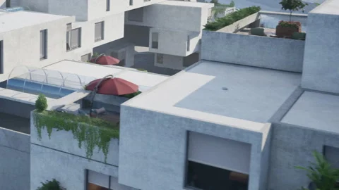 Modern building design with rooftop pool and outdoor seating area Stock Footage 344825149