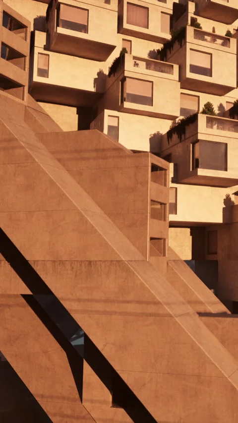 Modern building design with stacked structures at sunset in urban area Stock Footage 335354934
