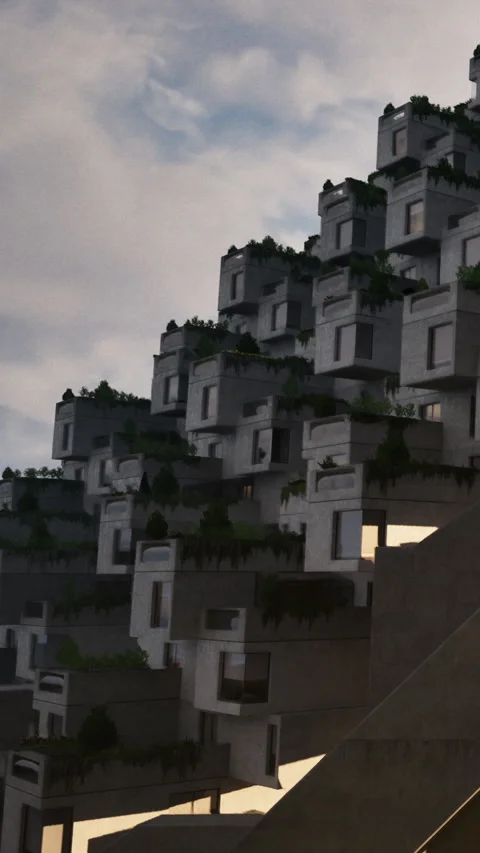 Modern building design with stacked structures and greenery on rooftops Stock Footage 341964051