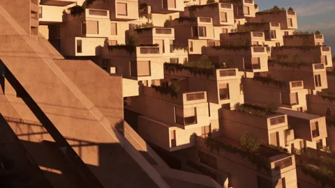 Modern building design with stacked structures and greenery on surfaces Stock Footage 344866185