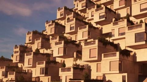 Modern building design with unique structural elements in evening light Stock Footage 344137334