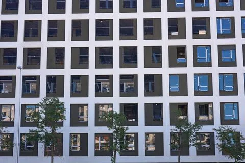 Modern building facade with grid-like windows and trees in Madrid Stock-Fotos