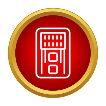 Modern building facade icon in red and gold circle Ilustración de archivo
