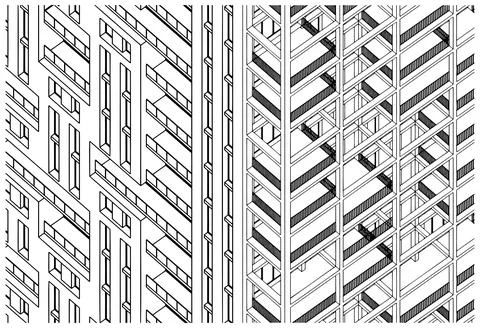 Modern building facade line art architectural drawing Stock Illustration