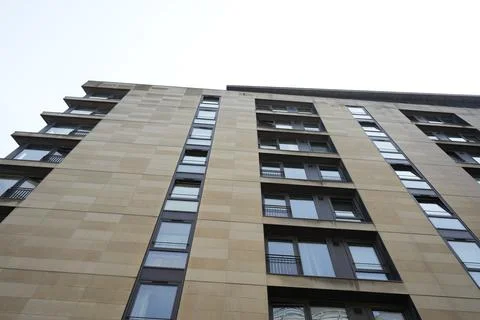 Modern Building Facade With Unique Windows And Balconies In Sheffield, England Stock Photos