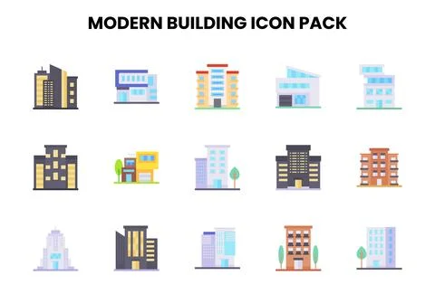 Modern Building Flat Design Icons Pack Stock Illustration