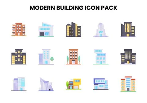 Modern Building Flat Design Icons Pack Stock Illustration