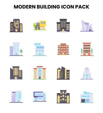 Modern Building Flat Graphics Icons Pack Stock Illustration