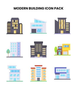 Modern Building Flat Scalable Icons Pack Stock Illustration