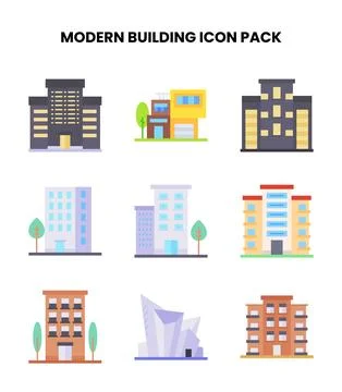 Modern Building Flat Scalable Icons Pack Stock Illustration