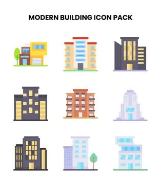 Modern Building Flat Scalable Icons Pack Stock Illustration