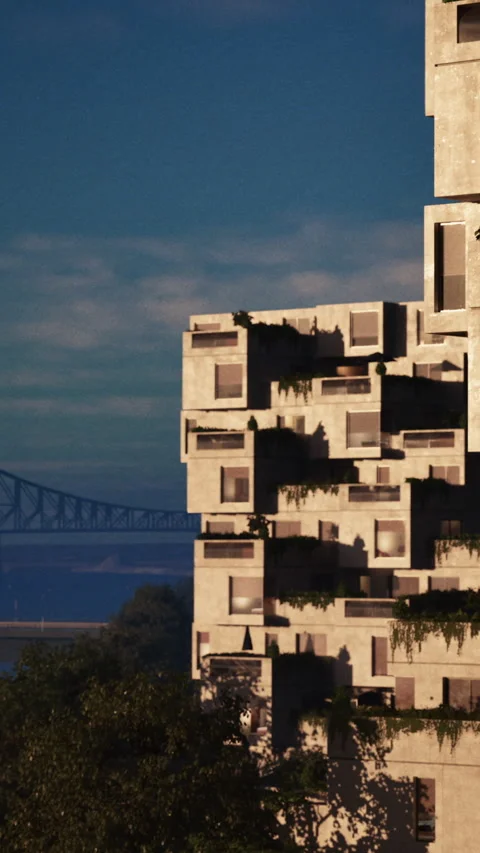 Modern building with green elements and bridge in background during day Stock Footage 335098208