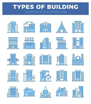 A modern building icons in a flat design with a blue color scheme. displaye.. Ilustración de archivo