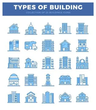 Modern building icons. simple blue outlines on white background. Stock Illustration